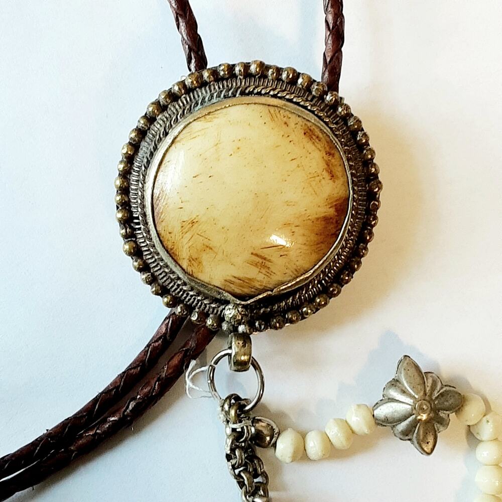 Handmade Stone Cabochon Charm Bolo Tie Brown Braided Cord Boho Artisan